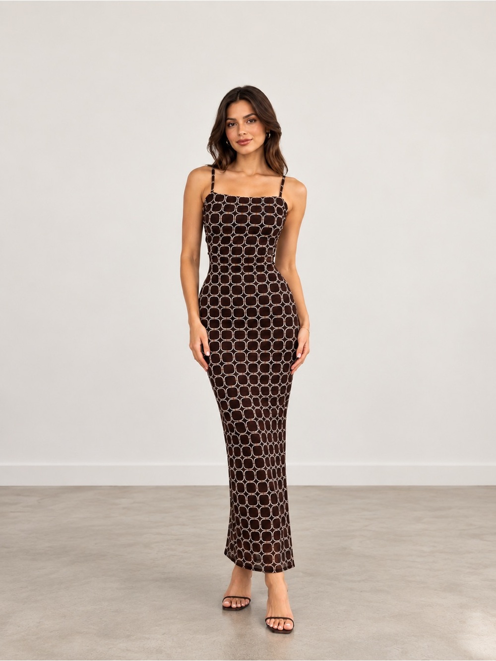 Riley Hubatka x Peppermayo Brown Geometric Strappy Maxi Dress US 2